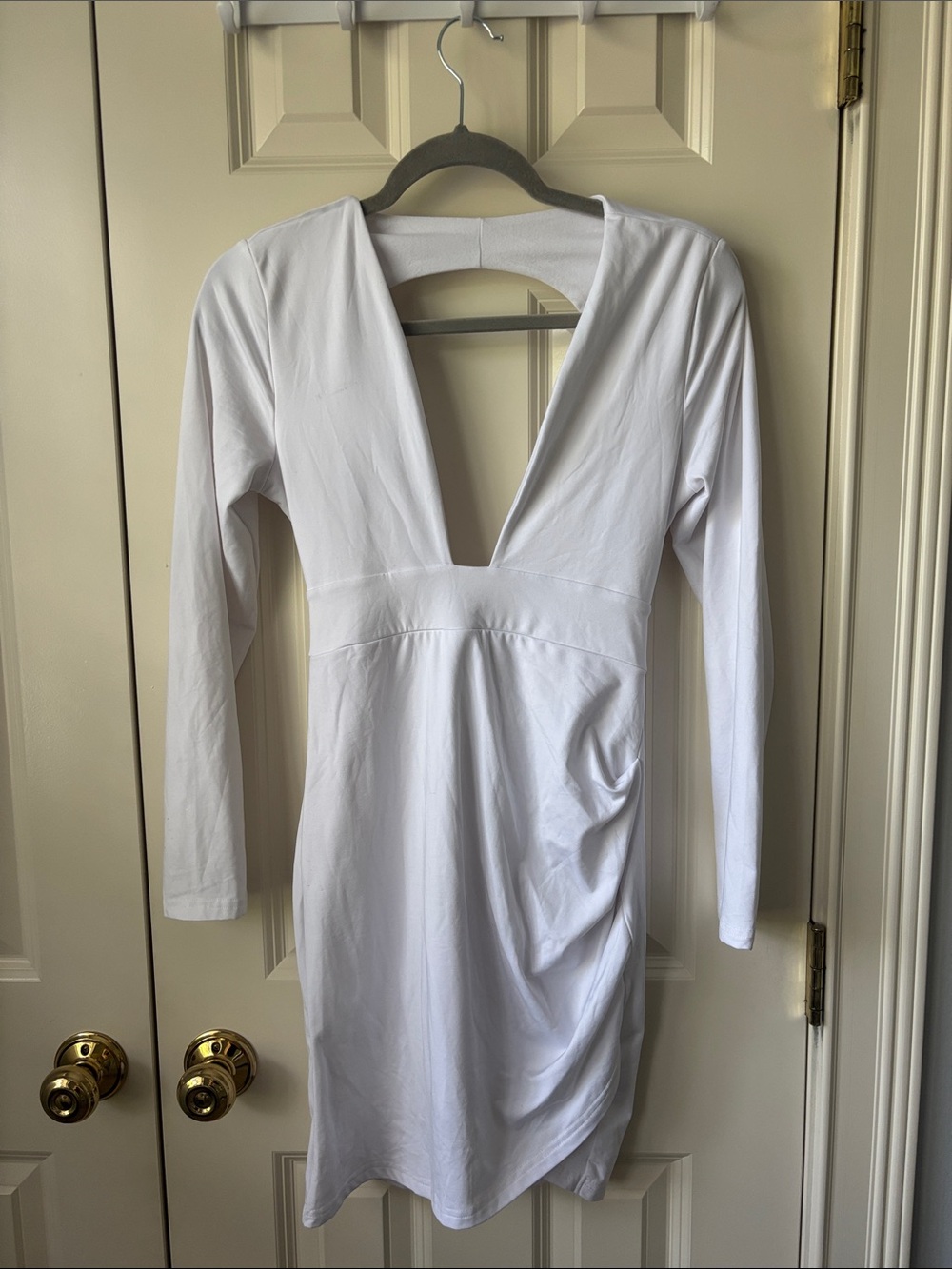 Amazon White Long-Sleeve Deep V Bodycon Dress